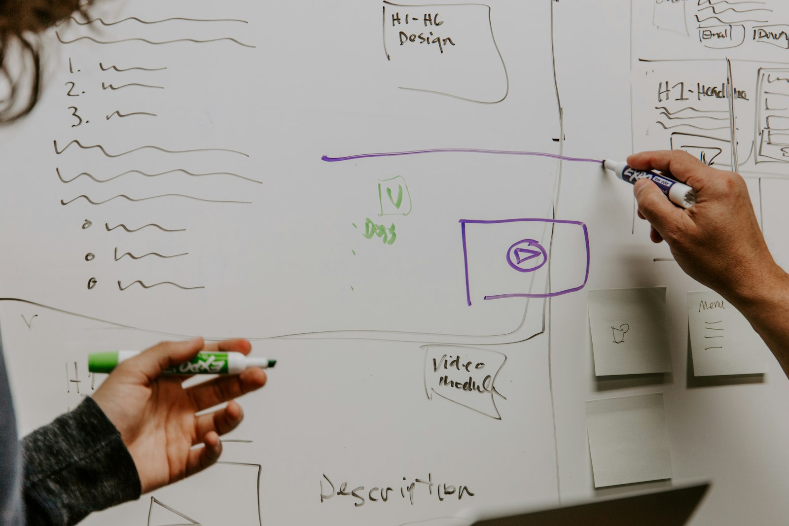 Two consultants mapping a business workflow on a whiteboard during a working session