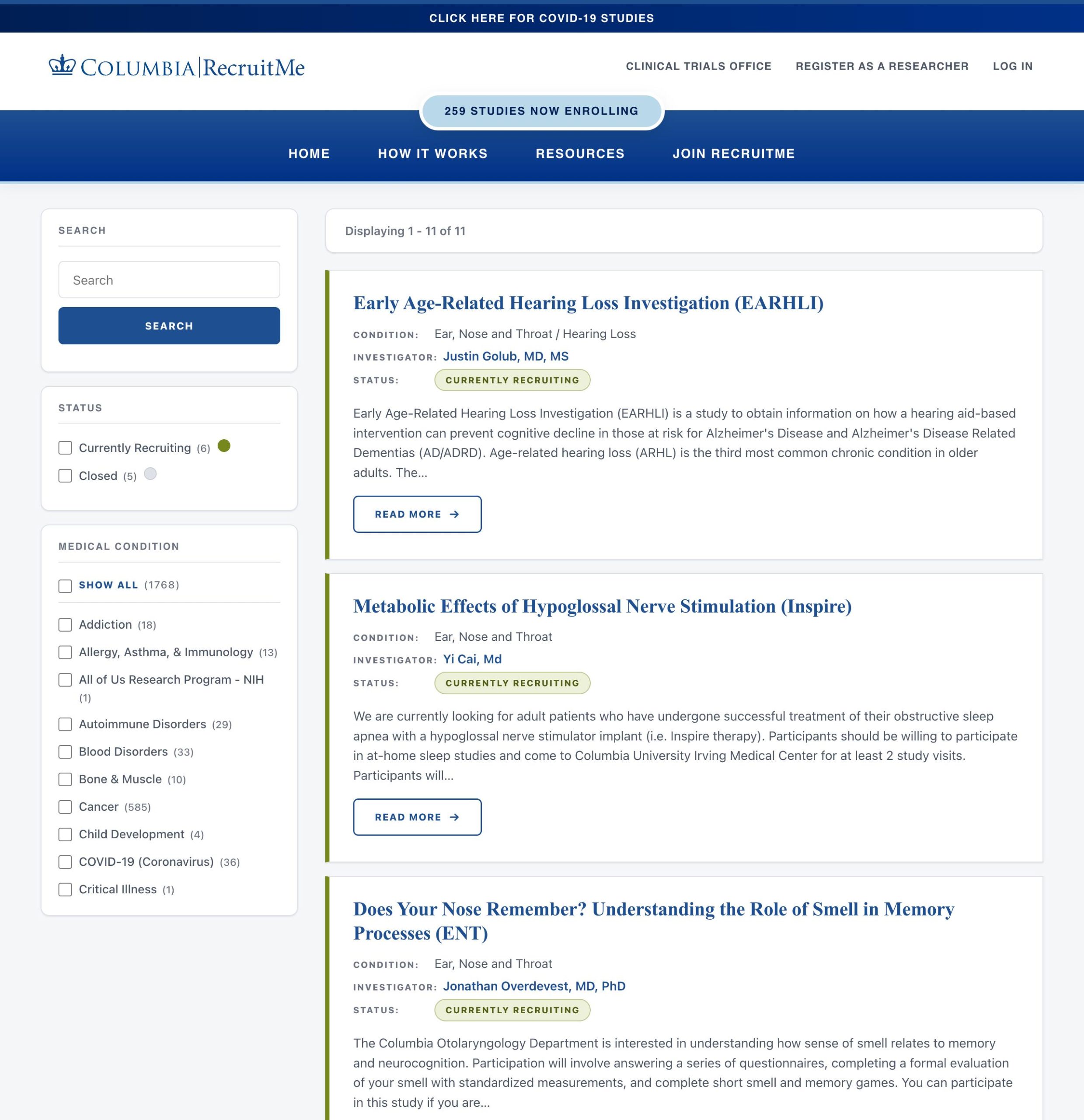 cumc-centralized platform for matching patients and healthy volunteers with active clinical research trials